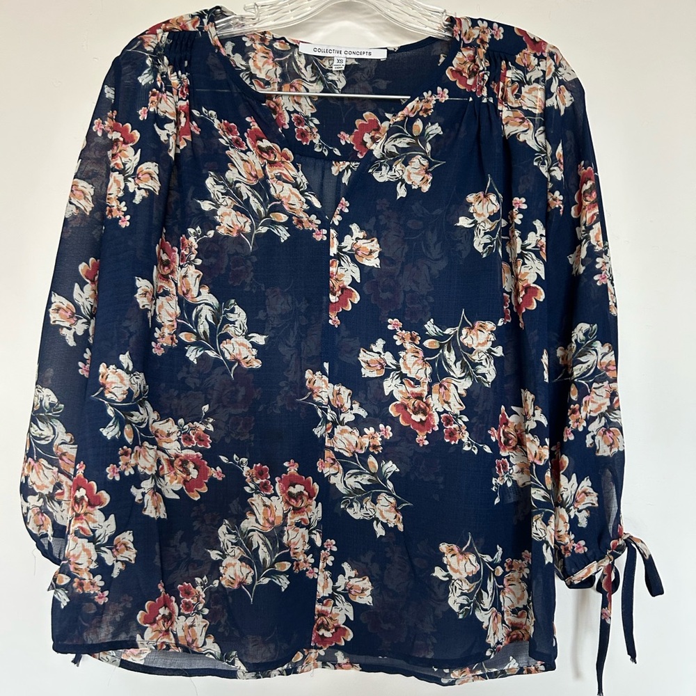 Collective Concepts Blue and Pink tie Sleeve Blouse